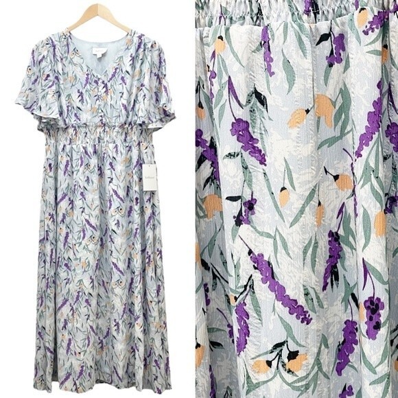 NWT Bohme Dress Flutter Sleeve Floral Midi Dress Slate Lavender Size Medium NEW - Picture 1 of 12